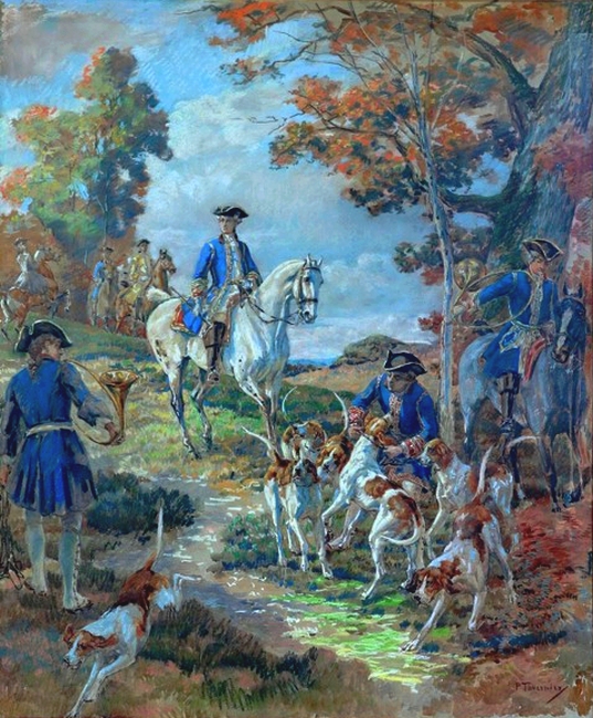 Aquarelle - Louis XV à la chasse - Esquisse préparatoire au grand tableau réalisé au théâtre de Fontainebleau - 120 x 105 cm - Don de M.T. de Ménibus 